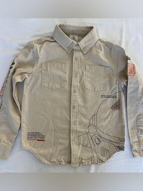 Disney Beige Graphic Button-Down Shirt - Spacecraft Print